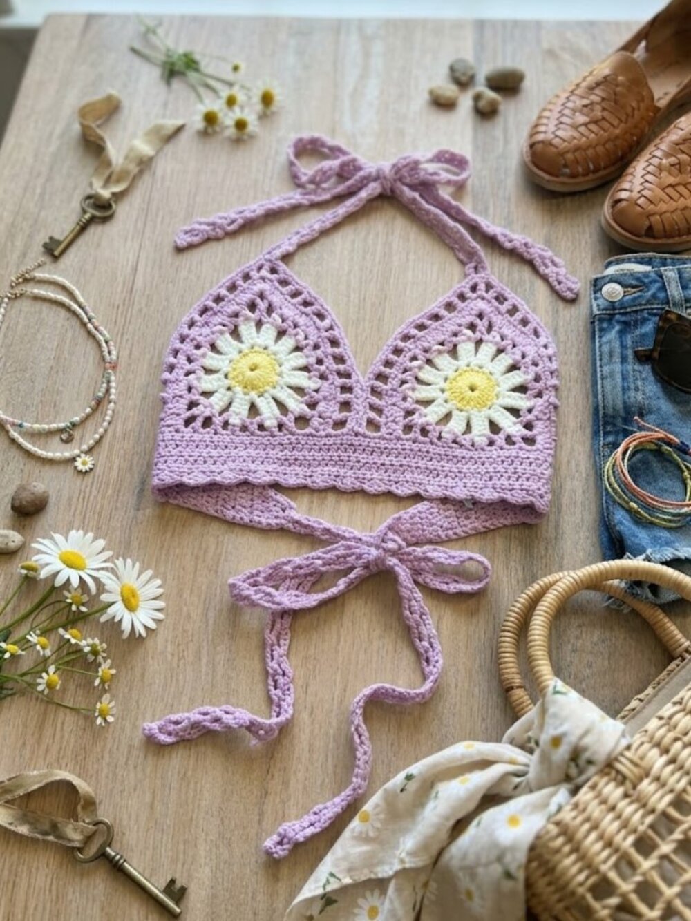 Love Sense Lavender Daisy Crochet Halter Top S Pastel Knit Daisy Flower Festival